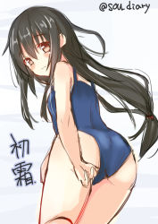 Rule 34 | 1girl, adjusting clothes, adjusting swimsuit, ass, black hair, blush, embarrassed, hatsushimo (kancolle), kantai collection, long hair, low-tied long hair, red eyes, solo, sou (soutennkouchi), swimsuit, twitter username