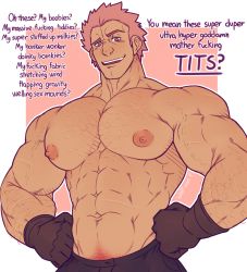 Rule 34 | 1boy, abs, artist name, bara, biceps, blush, clenched hands, english text, f con, fire emblem, fire emblem: three houses, fire emblem warriors: three hopes, gloves, hairy, hand on own hip, highres, holst sigiswald goneril, large pectorals, looking at viewer, male focus, manly, mature male, muscular, muscular male, nintendo, nipples, pants, pectorals, pink background, pink eyes, pink hair, scar, short hair, signature, simple background, smile, solo, spiked hair, teeth, thick arms, thick eyebrows, tongue, topless male, upper body, veins, veiny arms, white background