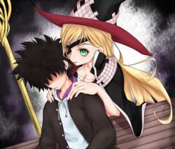 Rule 34 | 1boy, 1girl, bench, black hair, black jacket, blonde hair, breasts, cape, cleavage, closed mouth, commentary request, eyepatch, green eyes, grey background, gungnir (toaru), hands on another&#039;s shoulders, hands up, hat, hood, hood down, hoodie, jacket, kamijou touma, long hair, long sleeves, medium breasts, no eyes, on bench, open clothes, open jacket, othinus, park bench, parted lips, polearm, scene reference, shaded face, shin (highest1192), short hair, sitting, smile, spear, spiked hair, toaru majutsu no index, toaru majutsu no index: new testament, very long hair, weapon, whispering in ear, white hood, white hoodie, witch hat