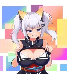 Rule 34 | 1girl, absurdres, akiba monaka, bare arms, bare shoulders, blush, breasts, cleavage, commentary request, dress, grin, half-closed eyes, highres, kaguya luna, large breasts, lifting own clothes, looking at viewer, multicolored background, pixelated, silver hair, sleeveless, sleeveless dress, smile, solo, star (symbol), star in eye, symbol in eye, the moon studio, upper body, v-shaped eyebrows, virtual youtuber