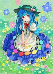 Rule 34 | 1girl, ama-tou, apron, blouse, blue hair, blush, daisy, dress, female focus, field, flower, flower field, food, frilled skirt, frills, from above, fruit, hat, hat ribbon, head tilt, hinanawi tenshi, long hair, looking up, own hands together, peach, puffy sleeves, red eyes, ribbon, shirt, short sleeves, sitting, skirt, smile, solo, touhou, v arms
