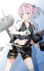 Rule 34 | 10s, 1girl, blue eyes, gloves, kantai collection, navel, pink hair, ponytail, red ribbon, ribbon, shiranui (kancolle), sino (sionori), solo, torn clothes, turret, uniform, white gloves