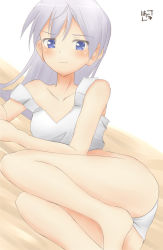 Rule 34 | 00s, 1girl, annoyed, barefoot, bed, blue eyes, blush, bra, dutch angle, eila ilmatar juutilainen, female focus, hanyu, lingerie, lying, off shoulder, on side, panties, purple hair, signature, solo, strike witches, underwear, world witches series