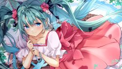 Rule 34 | 1girl, aqua hair, blue eyes, closed mouth, dress, hatsune miku, highres, hiragana sherry, holding, holding umbrella, jewelry, long hair, melt (vocaloid), necklace, pink dress, smile, solo, twintails, umbrella, very long hair, vocaloid, white dress