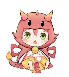 Rule 34 | 1girl, alternate costume, animal costume, bell, cherry blossom print, cherry blossoms, chestnut mouth, chibi, dragon costume, fiery tail, fire, flame-tipped tail, floral print, green eyes, hair between eyes, highres, hololive, horns, looking at viewer, natsunekaede, open mouth, paw print, paw print pattern, pink hair, sakura miko, sakura miko (1st costume), tail, tears, virtual youtuber