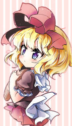 Rule 34 | 1girl, baguette, blonde hair, blush, bread, capelet, commentary request, fifiruu, food, frilled sleeves, frills, holding, holding food, looking to the side, medicine melancholy, medium hair, puffy short sleeves, puffy sleeves, purple eyes, red ribbon, ribbon, short sleeves, striped, striped background, touhou, white ribbon