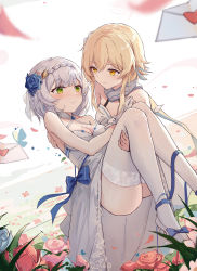 Rule 34 | 2girls, absurdres, bare shoulders, blonde hair, blue bow, blue flower, blue rose, blunt bangs, blush, bow, braid, breasts, bug, butterfly, carrying, cleavage, closed mouth, collarbone, day, dress, envelope, eye contact, female focus, flower, genshin impact, green eyes, hair flower, hair ornament, halter dress, halterneck, heart, high heels, highres, insect, letter, long hair, looking at another, love letter, low ponytail, lumine (genshin impact), medium breasts, multiple girls, noelle (genshin impact), outdoors, pink flower, pink rose, princess carry, rose, short hair, sidelocks, silver hair, smile, thighhighs, tulip, wedding dress, white dress, white footwear, white legwear, wife and wife, yajuu, yellow eyes, yuri