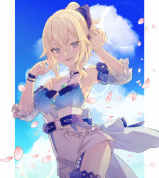 Rule 34 | 1girl, armpits, bare shoulders, belt, blonde hair, blouse, blue bow, blue eyes, blue shirt, bow, breasts, chain, cloud, cloudy sky, detached sleeves, frilled sleeves, frills, genshin impact, hair bow, highres, jean (genshin impact), long hair, looking at viewer, medium breasts, o-ring, o-ring belt, open mouth, petals, ponytail, shimi to ufu, shirt, shorts, sky, smile, solo, white shorts, wristband