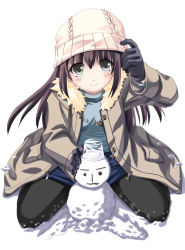 Rule 34 | 1girl, artist request, brown hair, character request, copyright request, hat, kneeling, snow, snowman, solo, tagme