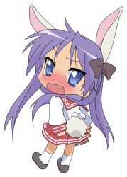 Rule 34 | 00s, animal ears, blue eyes, blush, chibi, full body, highres, hiiragi kagami, long hair, looking back, lucky star, purple hair, rabbit ears, rabbit tail, school uniform, serafuku, simple background, solo, tail, teperyndroors, twintails, vector trace, white background