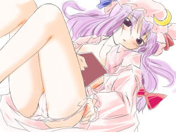 Rule 34 | 1girl, ass, blush, book, breasts, cinki, dress shirt, female focus, hair ribbon, hat, legs, legs up, long hair, lying, nipples, no pants, on back, open clothes, open shirt, panties, panty pull, patchouli knowledge, pink panties, purple eyes, purple hair, ribbon, shirt, solo, touhou, underwear