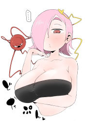 Rule 34 | ..., 1girl, alternate breast size, alternate hairstyle, bare shoulders, breast hold, breasts, cleavage, collarbone, cropped torso, eyeball, hair over one eye, heart, heart of string, highres, huge breasts, komeiji satori, pink eyes, pink hair, short hair, solo, takeu, thick eyebrows, third eye, touhou, upper body, white background