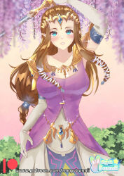 Rule 34 | 1girl, artist name, blue eyes, blurry, blurry foreground, breasts, brown hair, commentary, dress, elbow gloves, english commentary, eyelashes, glint, gloves, holding, holding sword, holding weapon, jewelry, large breasts, long hair, low-tied long hair, megubunn, nintendo, parted lips, patreon username, princess zelda, sleeveless, sleeveless dress, smile, solo, sword, teeth, the legend of zelda, the legend of zelda: twilight princess, tiara, weapon, white gloves