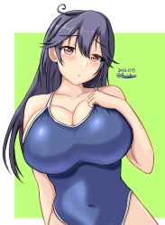 Rule 34 | 1girl, :o, ahoge, black hair, black one-piece swimsuit, blue one-piece swimsuit, blush, breasts, brown eyes, cleavage, collarbone, competition swimsuit, covered navel, green background, hand on own chest, highres, impossible clothes, impossible swimsuit, kantai collection, large breasts, long hair, montemasa, one-piece swimsuit, outside border, signature, solo, swimsuit, twitter username, ushio (kancolle), white background