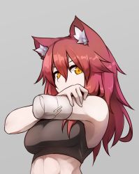 Rule 34 | 1girl, amputee, animal ear fluff, animal ears, armpits, bare shoulders, breasts, cat ears, closed mouth, covered mouth, grey background, hair between eyes, large breasts, looking at viewer, original, red hair, ryota tentei, simple background, solo, sports bra, toned, upper body, yellow eyes