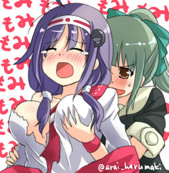Rule 34 | 10s, 2girls, arai harumaki, between breasts, blush, grabbing another&#039;s breast, breasts, brown eyes, grabbing, grabbing from behind, green hair, hair ornament, hair ribbon, hairclip, kantai collection, large breasts, multiple girls, open mouth, ponytail, purple hair, ribbon, ryuuhou (kancolle), smile, taigei (kancolle), torn, twitter username, upper body, whale, whale hair ornament, yuubari (kancolle)