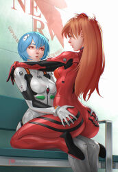 Rule 34 | 2girls, arms around neck, ass, ass grab, ass press, ayanami rei, blue eyes, blue hair, bodysuit, breasts, curvy, eye contact, grabbing another&#039;s ass, highres, huge ass, lips, lipstick, long hair, looking at another, makeup, medium breasts, multiple girls, neon genesis evangelion, plugsuit, red eyes, souryuu asuka langley, suddakka, thong, wide hips, yuri