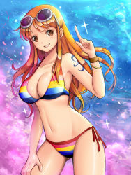 Rule 34 | 1girl, bangle, bikini, bracelet, breasts, brown eyes, cleavage, eyewear on head, glasses, grin, hand on own thigh, index finger raised, jewelry, log pose, long hair, matching hair/eyes, multicolored stripes, nami (one piece), navel, one piece, one piece film: z, orange eyes, orange hair, side-tie bikini bottom, sidelocks, smile, solo, striped bikini, striped clothes, sunglasses, swimsuit, tattoo, yumiyokiak