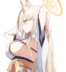 Rule 34 | 1girl, absurdres, animal ears, armpits, arms behind head, arms up, blonde hair, blue archive, breasts, closed mouth, commentary request, detached sleeves, eyeshadow, fox ears, from side, hairband, halo, highres, japanese clothes, kaho (blue archive), kimono, large breasts, long hair, looking ahead, makeup, mole, mole under mouth, obi, parted bangs, red eyeshadow, rope, sash, shimenawa, sideboob, simple background, sleeveless, sleeveless kimono, solo, tomu (tom 309k), upper body, very long hair, white background, white kimono, wide sleeves, yellow eyes, yellow hairband, yellow halo, yellow sash