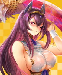 Rule 34 | 1girl, animal ears, artist name, bad id, bad pixiv id, bare shoulders, blush, breasts, character request, cleavage, cleavage cutout, closed mouth, clothing cutout, commentary, covered erect nipples, destiny child, fake animal ears, gem, hair between eyes, hair ornament, hand in own hair, hand up, large breasts, long hair, looking at viewer, lunariavi, neck ribbon, one eye closed, purple eyes, purple gemstone, purple hair, purple ribbon, ribbon, shirt, sideboob, sleeveless, sleeveless shirt, solo, tiara, underboob, underboob cutout, upper body, white shirt, wrist cuffs, yellow background