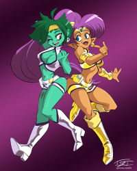 Rule 34 | 2girls, ass-to-ass, ass press, blue eyes, boots, breasts, circlet, cleavage, cleavage cutout, clothing cutout, colored skin, cosplay, dark-skinned female, dark skin, dirty pair, earrings, eric toner, forehead jewel, green hair, green skin, headband, highres, jewelry, kei (dirty pair), kei (dirty pair) (cosplay), knee boots, long hair, multiple girls, pointy ears, pointy footwear, purple background, purple hair, red eyes, revision, rottytops, shantae, shantae (series), shoes, short hair, short shorts, shorts, skull earrings, very long hair, yuri (dirty pair), yuri (dirty pair) (cosplay), zombie