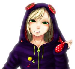 Rule 34 | :d, animal costume, blonde hair, blouse, blush, button eyes, buttons, collarbone, fingernails, green eyes, head tilt, highres, hood, hoodie, long sleeves, looking at viewer, musical note, nail polish, open mouth, original, parted lips, pink nails, pinkisch, rabbit costume, shirt, simple background, smile, smiley face, solo, star (symbol), teeth, upper body, white background, zipper
