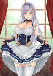 Rule 34 | 1girl, apron, azur lane, bare shoulders, belfast (azur lane), black collar, black dress, black gloves, blue eyes, blush, bow, braid, breasts, chain, cleavage, collar, commentary, commentary request, cowboy shot, curtains, dress, ear piercing, english commentary, fingerless gloves, french braid, frilled apron, frills, garter straps, gauntlets, gloves, highres, indoors, large breasts, long hair, looking at viewer, maid, maid apron, maid headdress, mickey dunn, partial commentary, petticoat, piercing, pink lips, silver hair, skirt hold, smile, solo, standing, thighhighs, thighs, waist apron, white apron, white bow, white thighhighs, window, zettai ryouiki