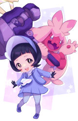 Rule 34 | 1girl, :d, absurdres, black gloves, black hair, blunt bangs, brown eyes, child, commentary request, creatures (company), dress, eyelashes, game freak, gloves, happy, highres, jacket, looking at viewer, nintendo, open clothes, open jacket, open mouth, pantyhose, peropero umaa, pokemon, pokemon (creature), pokemon sv, poppy (pokemon), shoes, smile, teeth, tinkaton, tongue, upper teeth only, visor cap