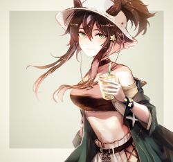 Rule 34 | 1girl, animal ears, arknights, bare shoulders, black choker, black hair, breasts, choker, commentary, crop top, cup, disposable cup, dora (user jnfr7827), drinking straw, ears through headwear, fedora, green eyes, green jacket, grey background, hair between eyes, hair ornament, hat, holding, holding cup, horse ears, jacket, large breasts, long hair, looking at viewer, meteor (arknights), meteor (bard&#039;s holiday) (arknights), midriff, navel, off shoulder, official alternate costume, smile, solo, star (symbol), star hair ornament, stomach, upper body, white hat