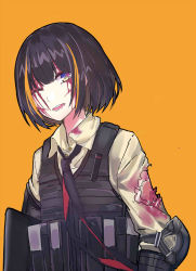 Rule 34 | 1girl, alternate hairstyle, assault rifle, black hair, blonde hair, blood, blood on clothes, blood on face, brown eyes, bulletproof vest, echj, elbow pads, eyepatch, girls&#039; frontline, gun, highres, injury, m16, m16a1, m16a1 (girls&#039; frontline), multicolored hair, necktie, one eye closed, open mouth, pouch, rifle, scratches, short hair, simple background, solo, streaked hair, torn clothes, weapon, yellow background