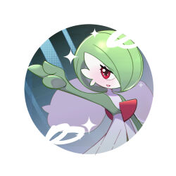Rule 34 | 1girl, arm up, blush, bob cut, border, collarbone, colored skin, creatures (company), female focus, flat chest, game freak, gardevoir, gen 3 pokemon, green hair, green skin, hair over one eye, happy, looking to the side, multicolored skin, nintendo, one eye covered, open mouth, outstretched arm, pokemon, pokemon (creature), pokeradio, red eyes, round image, short hair, smile, solo, sparkle, standing, two-tone skin, upper body, white border, white skin, white wings, wings