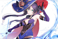 Rule 34 | 1girl, absurdres, aqua eyes, black gloves, black hair, cape, closed mouth, commentary, covered navel, cowboy shot, detached sleeves, elbow gloves, english commentary, genshin impact, gloves, hat, highres, huge filesize, leotard, long hair, looking at viewer, mona (genshin impact), purple cape, purple leotard, red cape, smile, solo, somray, twintails, two-sided cape, two-sided fabric, upper body, white background, witch hat