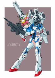 Rule 34 | 1girl, :3, armor, commentary request, full body, green eyes, gun, gundam, highres, leotard, looking at viewer, mecha musume, michi kuso, pink hair, short hair, shoulder cannon, simple background, solo, thighhighs, v gundam, victory gundam, weapon, white thighhighs