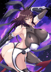 Rule 34 | 1girl, ass, black leotard, black thighhighs, breasts, brown hair, covered collarbone, covered erect nipples, dynamic pose, elbow gloves, gauntlets, gloves, hair between eyes, hair ribbon, highleg, highleg leotard, holding, holding weapon, huge ass, huge breasts, leg up, leotard, lips, looking at viewer, looking back, mature female, medium hair, mifune seijirou, mizuki shiranui, over shoulder, polearm, purple background, red eyes, ribbon, shiny skin, sideboob, skin tight, skindentation, smile, solo, standing, standing on one leg, taimanin (series), taimanin suit, taimanin yukikaze, thighhighs, thong leotard, weapon, weapon over shoulder, wide hips