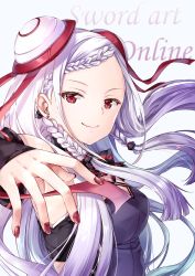 Rule 34 | 1girl, bare shoulders, blush, braid, braided bangs, breasts, bun cover, cleavage, copyright name, highres, long hair, looking at viewer, medium breasts, nail polish, red eyes, red nails, silver hair, smile, solo, sword art online, sword art online the movie: ordinal scale, upper body, yoshida iyo, yuna (sao)