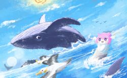 Rule 34 | bird, creature, day, doro (nikke), girilocoboy, goddess of victory: nikke, hair ribbon, highres, ocean, outdoors, pink hair, purple eyes, ribbon, seagull, shark, sun, water, whale