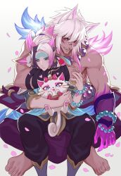 Rule 34 | 1girl, 2boys, animal, aphelios, bandaged hand, bandages, barefoot, black pants, cat, closed mouth, facial mark, falling petals, highres, horns, imone illust, league of legends, long hair, looking at another, male focus, multicolored hair, multiple boys, muscular, muscular male, official alternate costume, open mouth, pants, petals, pink hair, purple hair, purple pants, sett (league of legends), short hair, smile, spirit blossom aphelios, spirit blossom sett, topless male, white hair, yaoi, yuumi (league of legends)