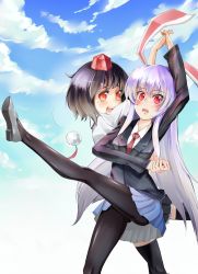 Rule 34 | 2girls, absurdres, animal ears, bad id, bad pixiv id, black hair, black legwear, blush, cloud, dancing, day, female focus, hat, highres, holding hands, liking, long hair, long sleeves, multiple girls, necktie, open mouth, orange eyes, pantyhose, purple hair, rabbit ears, red eyes, red necktie, reisen udongein inaba, shameimaru aya, short hair, sky, thighhighs, tokin hat, touhou, very long hair