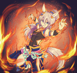 Rule 34 | 1girl, animal ears, armpits, breasts, fire, highres, horse ears, horse girl, horse tail, sleeveless, small breasts, solo, tail, tamamo cross (fierce thunder god) (umamusume), tamamo cross (umamusume), umamusume