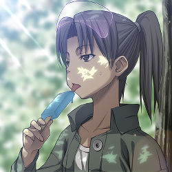 Rule 34 | 00s, amasawa yuuko, brown hair, dennou coil, food, glasses, lowres, popsicle, short hair, solo, twintails, yoshida inuhito