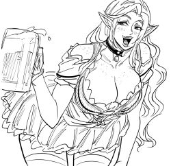 Rule 34 | 1girl, :d, alcohol, bb (baalbuddy), beer, beer mug, blush, breasts, choker, cleavage, cowboy shot, cup, dress, elf, freckles, greyscale, highres, holding, holding cup, huge breasts, leaning forward, long hair, looking at viewer, monochrome, mug, oktoberfest, open mouth, original, pointy ears, simple background, smile, solo, thighhighs, white background