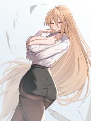Rule 34 | 1girl, absurdly long hair, akiyama (7284), arms under breasts, ass, azur lane, black choker, black skirt, blonde hair, breasts, brown pantyhose, choker, cleavage, finger to mouth, glasses, hair between eyes, high-waist skirt, highres, implacable (azur lane), implacable (shepherd of the &quot;lost&quot;) (azur lane), large breasts, long hair, long sleeves, looking at viewer, office lady, official alternate costume, orange eyes, pantyhose, partially unbuttoned, pencil skirt, see-through, see-through shirt, shirt, shirt tucked in, simple background, skirt, solo, teacher, very long hair, walking, white background, white shirt
