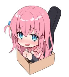 Rule 34 | 1girl, aqua hair, black socks, blush, bocchi the rock!, box, brown footwear, cardboard box, chibi, commentary request, cube hair ornament, full body, gotoh hitori, grey skirt, guitar case, hair between eyes, hair ornament, hitsukuya, in box, in container, instrument case, jacket, knees up, long hair, long sleeves, looking at viewer, one side up, open mouth, pink hair, pink jacket, simple background, sitting, skirt, sleeves past wrists, socks, solo, track jacket, very long hair, wavy mouth, white background