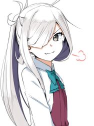 Rule 34 | 1girl, ahoge, asashimo (kancolle), bow, bowtie, flat chest, grey eyes, hair over one eye, halterneck, kantai collection, long hair, looking at viewer, moti coi, ponytail, school uniform, shirt, silver hair, simple background, smile, smug, solo, upper body, white background, white shirt