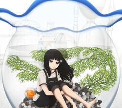 Rule 34 | 1girl, barefoot, birdcage, black eyes, black hair, bottle, cage, commentary, fishbowl, highres, hourglass, hugging own legs, in container, long hair, looking at viewer, marble (toy), original, pebble, sitting, solo, submerged, underwater, water bottle, yajirushi (chanoma)