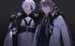 Rule 34 | 2boys, alternate costume, black gloves, black shirt, blue eyes, cape, closed mouth, collared shirt, commentary, earrings, english commentary, eye mask, fur-trimmed cape, fur trim, genshin impact, gloves, green jacket, green pupils, grey background, grey hair, hair between eyes, half mask, honkai (series), honkai impact 3rd, hoop earrings, jacket, jewelry, kevin kaslana, long hair, looking at viewer, male focus, mask, multiple boys, neck tattoo, parted lips, pectoral cleavage, pectorals, red eyes, shirt, short hair, single earring, su (@x 0su), su (honkai impact), tattoo, upper body, vest, white cape, white hair, white vest