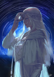 Rule 34 | 1girl, backlighting, blue background, blue eyes, braid, commentary, english commentary, final fantasy, final fantasy xiv, from side, glowing, glowing eyes, grey robe, half updo, hand up, highres, holding, holding mask, hood, hood down, hooded robe, liangjushuang, long hair, looking at viewer, mask, robe, signature, silver hair, single braid, smile, solo, unworn mask, upper body, venat (ff14)