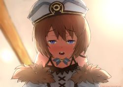 Rule 34 | 10s, 1girl, bare shoulders, blanc (neptunia), blue eyes, blush, brown hair, hat, looking at viewer, mashiroheart, neptune (series), open mouth, saliva, short hair, smile, solo