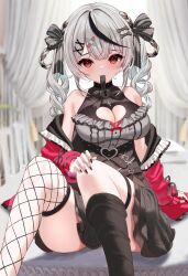 Rule 34 | 1girl, bandaid, bandaid hair ornament, bare shoulders, breasts, cleavage, cleavage cutout, clothing cutout, grey hair, hair ornament, heart cutout, highres, hololive, inari (ambercrown), large breasts, looking at viewer, medium hair, mouth hold, official alternate costume, red eyes, sakamata chloe, sakamata chloe (jirai kei), smile, solo, twintails, virtual youtuber