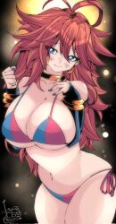 Rule 34 | 1girl, android, android 21, arc system works, bikini, blue eyes, blue nails, blurry, blurry background, blush, bracelet, breasts, brown hair, cleavage, closed mouth, collarbone, curvy, dragon ball, dragon ball fighterz, ear piercing, earrings, elbow gloves, female focus, gloves, gold bracelet, gold earrings, hair between eyes, highres, hoop earrings, huge breasts, jewelry, kinakomochi (user vedc2333), large breasts, long hair, looking at viewer, multicolored bikini, multicolored clothes, multicolored swimsuit, navel, piercing, signature, smile, solo, standing, stomach, swimsuit, thick thighs, thighs, very long hair, wide hips